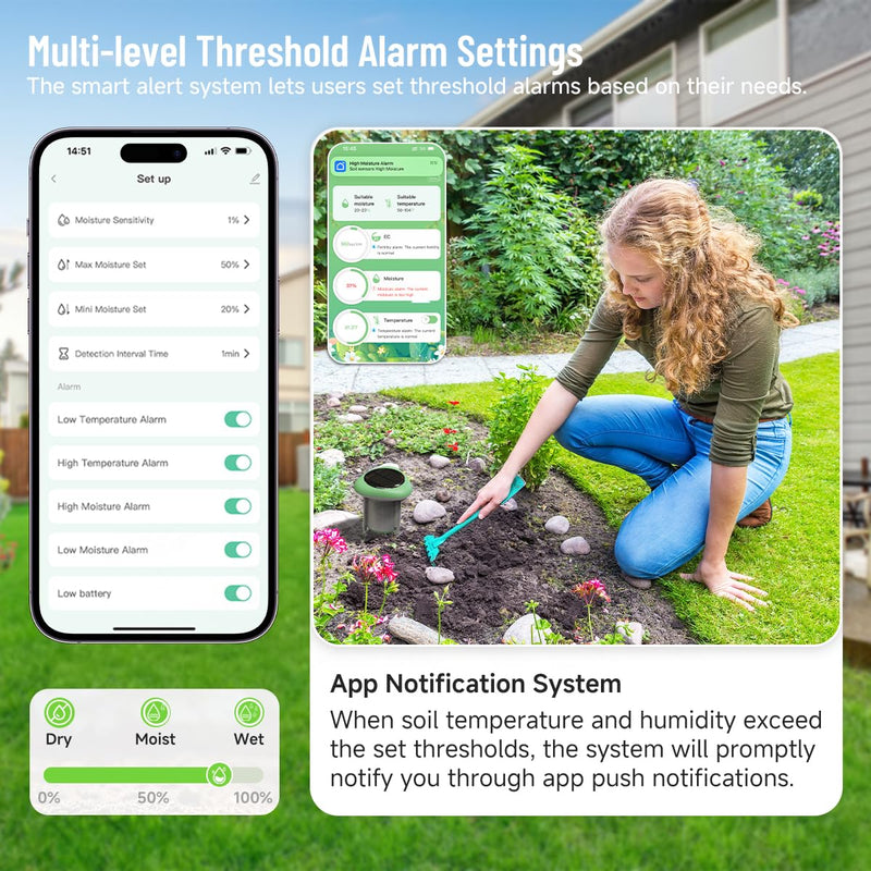 [Australia - AusPower] - Smart 3-in-1 Soil Moisture/Temperature/Fertility Meter for Plant, Digital Soil Sensor with Tuya/Smart Life APP Push Notification, GreenVation Soil Test Kit for Garden/Farming/Lawn 