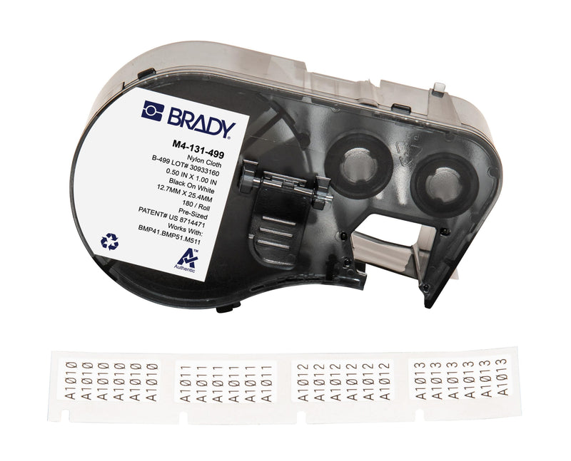 Brady Authentic (M4-131-499) Aggressive Adhesive Multi-Purpose Nylon Labels 0.5" H x 1" W Black on White, 180 Labels. for use with the BMP41, BMP51, and M511 Label Printers