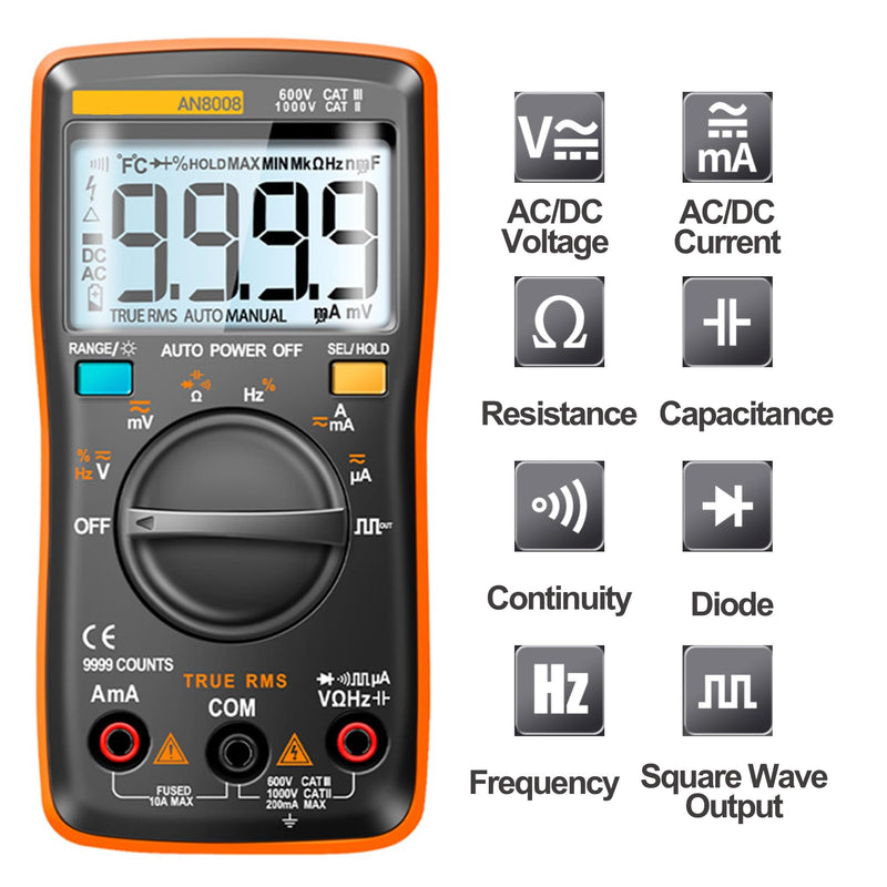 [Australia - AusPower] - AN8008 Digital Multimeter, Auto Ranging AC DC Voltage Tester, Volt Ohm Amp Meter, Continuity Diode Resistance Capacitance Tester, True-RMS, 9999 Counts 