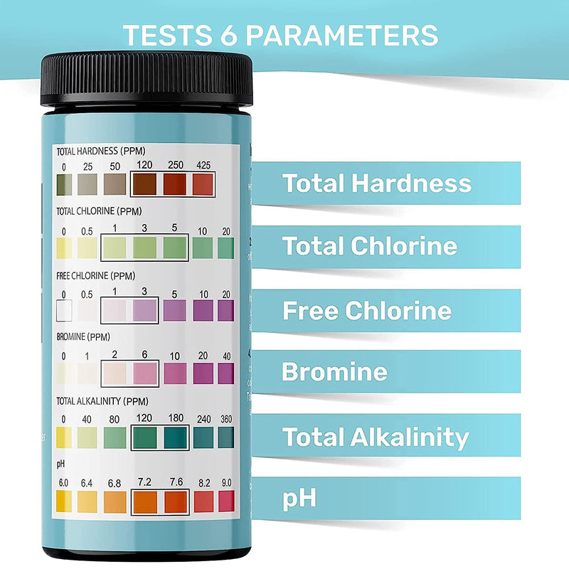 Hot Tub and Pool Test Strips - 6in1 Quick & Accurate Hot Tub, Spa, Pool Test Strips - 100 Water Test Strips, Water Test Kit with E-Book - Test Chlorine, Bromine, pH, Hardness, Alkalinity - JNW Direct HOT TUB TEST STRIPS - 100 STRIPS