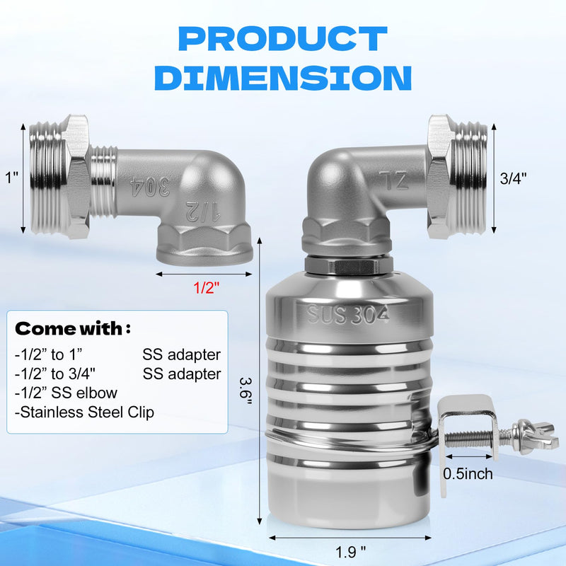 Float Valve with 1/2", 3/4", 1" Adapters -304 Stainless Steel Water Float Valve Fully Automatic Water Level Control for Water Tanks, Aquariums, Livestock Troughs,Pools,Distillers & Ponds