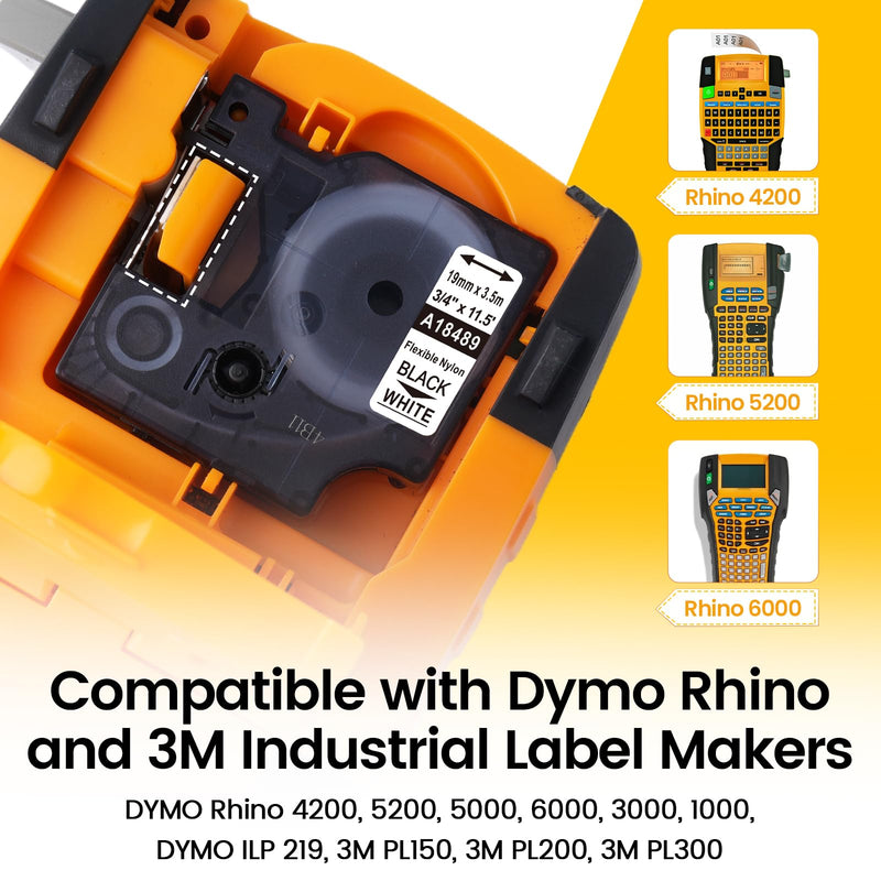 18489 White Flexible Nylon Label Tape 3/4" Replacement for Dymo Rhino 18489 19mm Black on White Compatible with Dymo Rhino 4200 5200 5000 6000 Label Maker, 6-Pack 3/4 inch