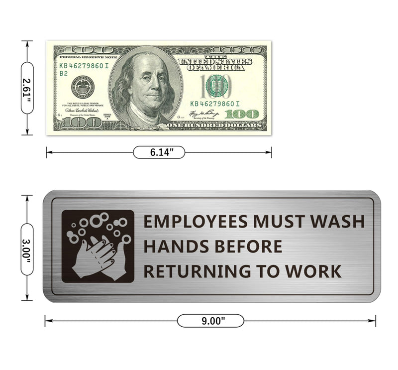 [Australia - AusPower] - Employees Must Wash Hands Sign, (2 Pack) Self-adhesive Metal Signage for Office Bathroom, 9 x 3 Inch Waterproof Aluminum Signs for Indoor Outdoor Use (Brushed Aluminum) 9" x 3" 2 Pack (Brushed Nickel) 