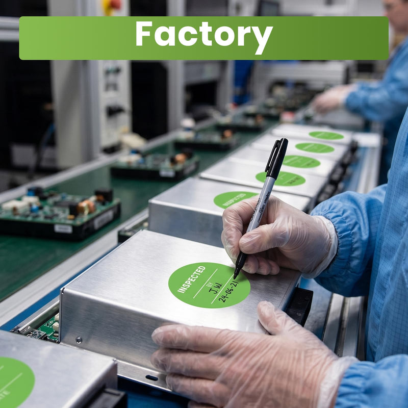 1000 Pcs Inspected By Stickers 2 Inch, Round Vinyl Quality Control Inspection Labels Green Writable QC Inventory Labels for Food Service Kitchen Warehouse Manufacturing