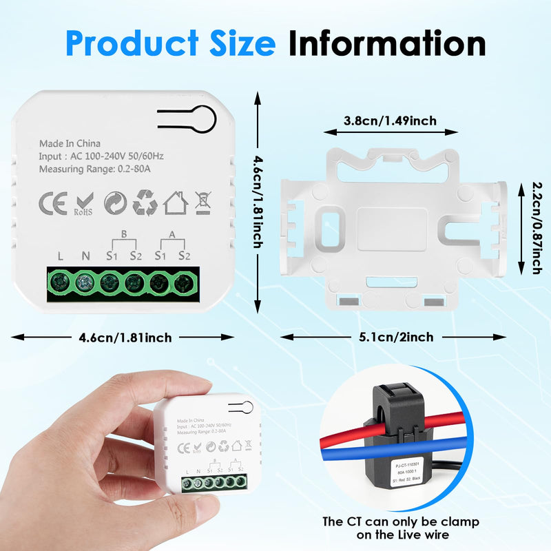 [Australia - AusPower] - Smart Home Energy Monitor, with 2 x 80A CTs, Bi-Directional Power Tracking, Real-Time Electricity Usage Monitor, 2.4GHz Wi-Fi, Compatible with Tuya/Smart Life Apps 