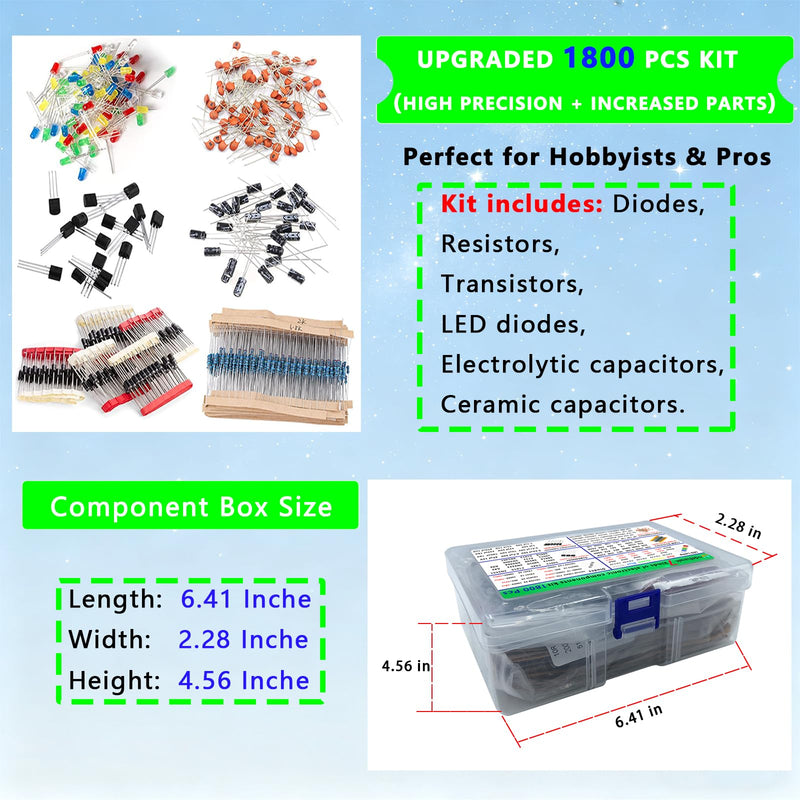 Electronic Component Kit -Total 1800 Pcs, LED Diodes, Resistors, Capacitors, Ceramic Capacitors, Transistors, Diodes - for DIY Projects, Electronics Hobbyists
