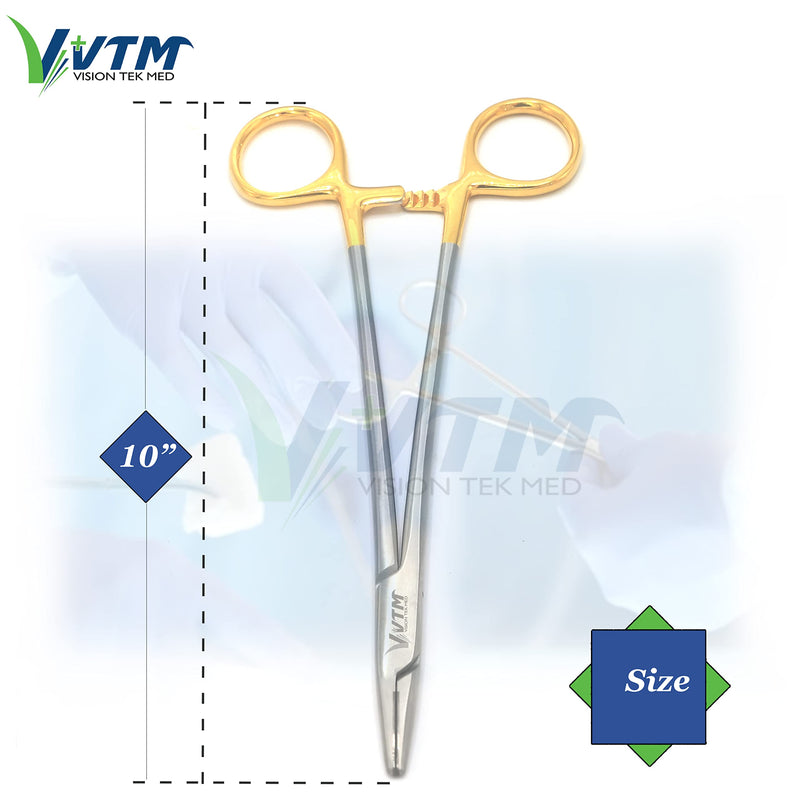 [Australia - AusPower] - 10 Inch TC Mayo Hegar Needle Holder Driver with Tungsten Carbide Inserts and Gold Rings Premium Grade Instrument 
