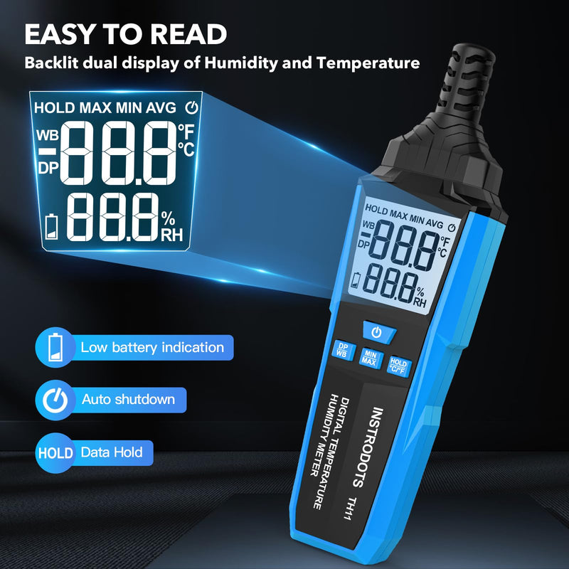 Temperature Humidity Meter, High Precision Digital Hygrometer with Ambient, Dew Point, Wet Bulb Temperature for Indoor Outdoor, Thermometer with Min/Max, Data Hold, LCD Backlight, TH11 Blue