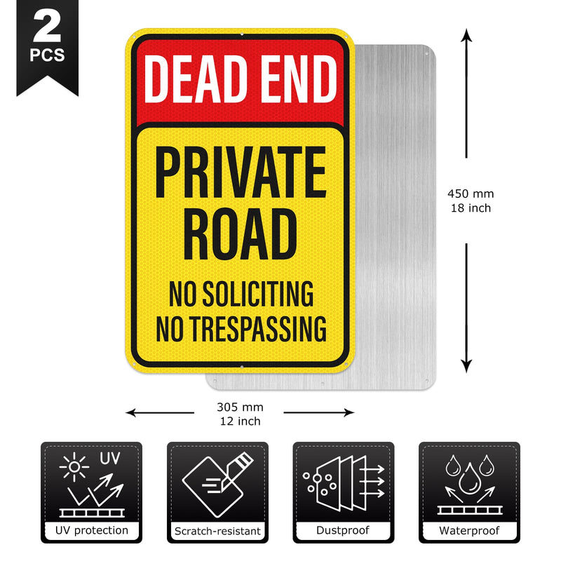 2 Pack Dead End Private Road No Trespassing No Soliciting Sign Reflective Aluminum 18 × 12 Inches Rust Free Metal Dead End Sign for Property House Outdoor