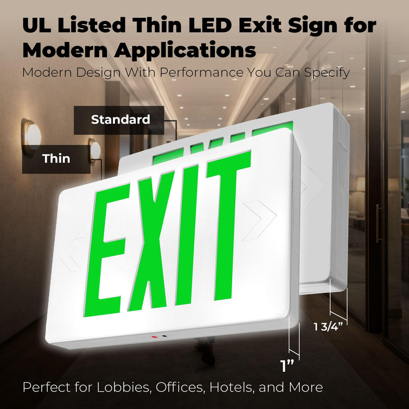 LFI Lights | Thin Green Exit Sign | All LED | White Thermoplastic Housing | Hardwired with Battery Backup | Optional Double Face and Knock Out Arrows Included | UL Listed | (1 Pack) | LEDT-G 1 Pack