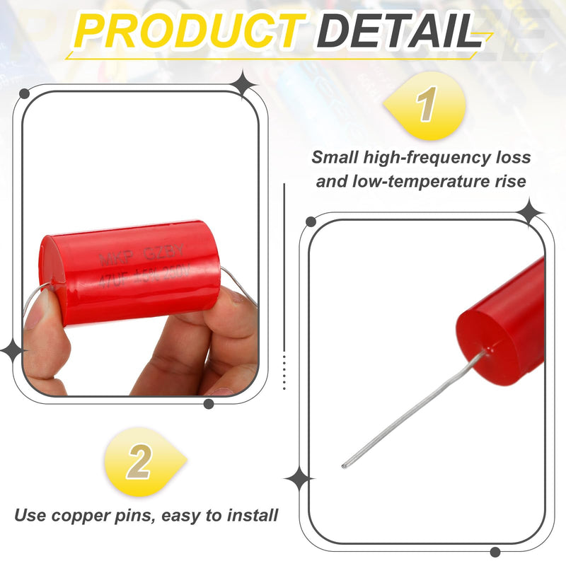 MECCANIXITY 4pcs 47uf Frequency Divider Capacitor, 250V Red Axial Audio Speaker Crossover MKP Film Capacitor 4