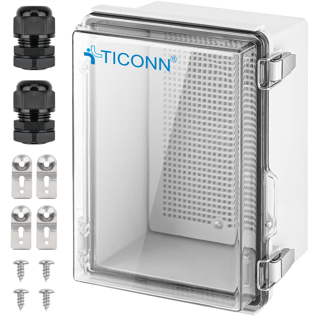 TICONN Waterproof Electrical Junction Box IP67 ABS Plastic Enclosure with Hinged Cover with Mounting Plate, Wall Brackets, Cable Glands (Clear, 8.7"x6.7"x4.3") 8.7"x6.7"x4.3" Transparent Cover