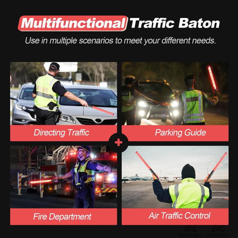[Australia - AusPower] - RoadHero 1 Pack Traffic Wand, 21 Inch Led Traffic Control Baton, Safety Light Wands with 2 Flashing Modes, Air Marshaling Signal Wand with Side Clip for Airport, Parking, Car Directing Red 