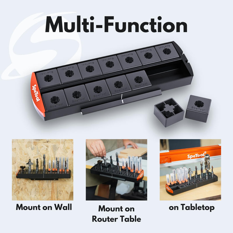 SpeTool Router Bit Storage Tray, Versatile 14 Bit Bases for 1/2 and 1/4 inch Shank Router Bit or 13*13mm Router Bit Box, Router Bit Holder Organizer Holds Up to 56 Router Bit (Black) Black