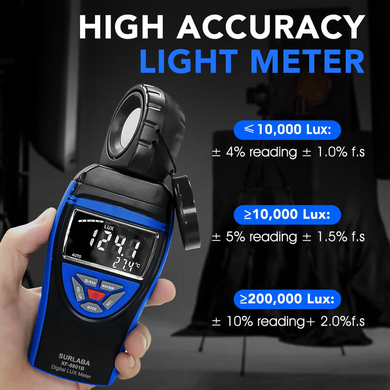 [Australia - AusPower] - Digital Light Meter 0.1-400,000 Lux - Professional Lux/FC Tester with Temperature Sensor, MAX/MIN Hold & 90° Rotatable Sensor for Photography, Plants, and Indoor Lighting (Blue) 