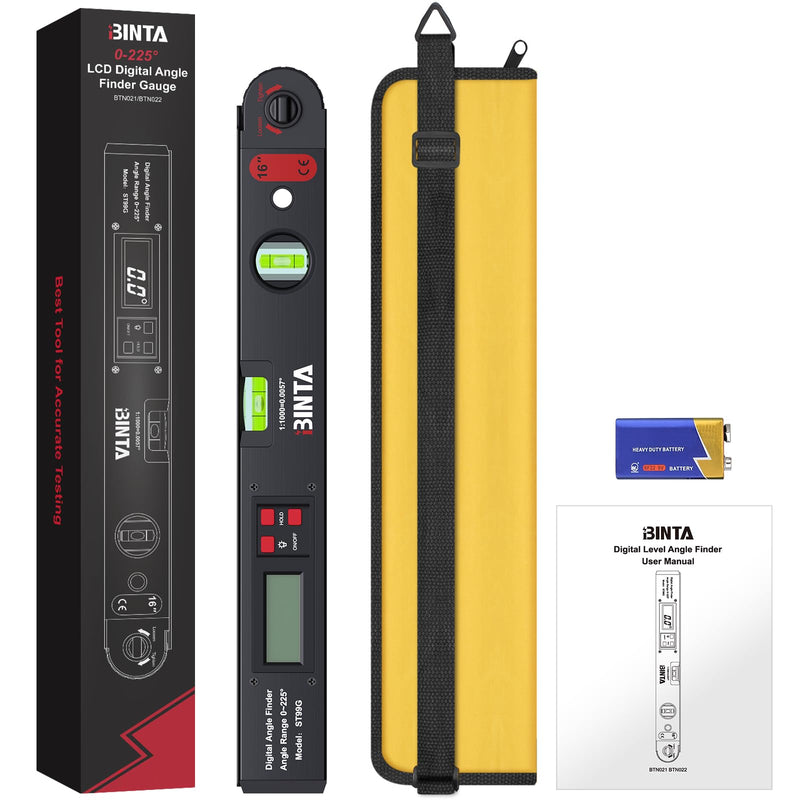 [Australia - AusPower] - BINTA Digital Angle Finder 0-225° Range, Aluminum Backlit LCD Digital Protractor with Horizontal/Vertical Dual Bubble Meter Storage Bag for Woodworking, Construction, Machinery, Home DIY (Black) Black 