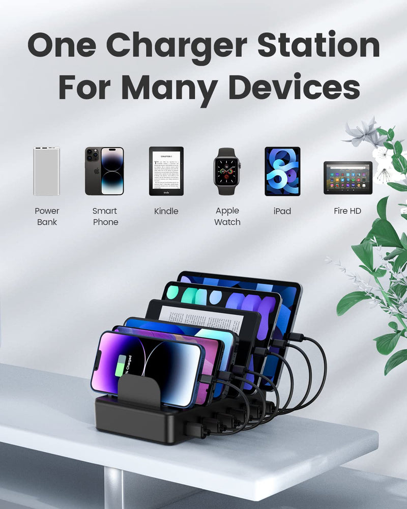 [Australia - AusPower] - CREATIVE DESIGN Charging Station, 50W 6 Ports Multi Charger Station with 6 Charging Cables, USB Charging Dock for Multiple Devices, Compatible with Cellphone iPad Kindle Tablet and Other Electronic Black 