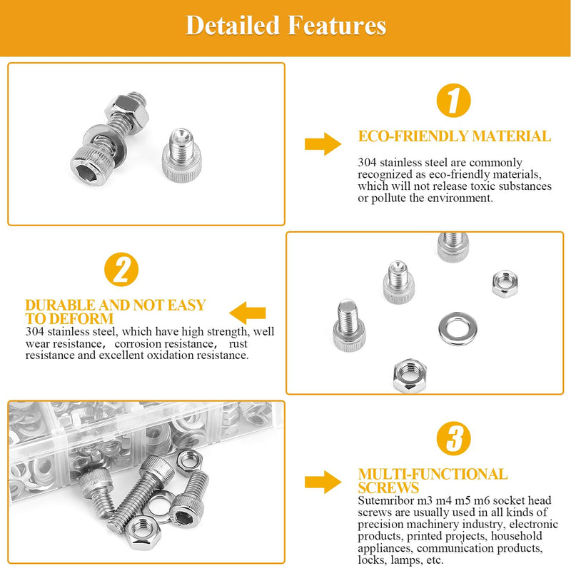 [Australia - AusPower] - 815 Pieces M3 M4 M5 M6 Hex Socket Head Cap Screws Nuts Washers Assortment Kit, Metric Screw Assortment with Hex Wrenches, 304 Stainless Steel, Fully Threaded M3M4M5M6 (815 Pieces) 