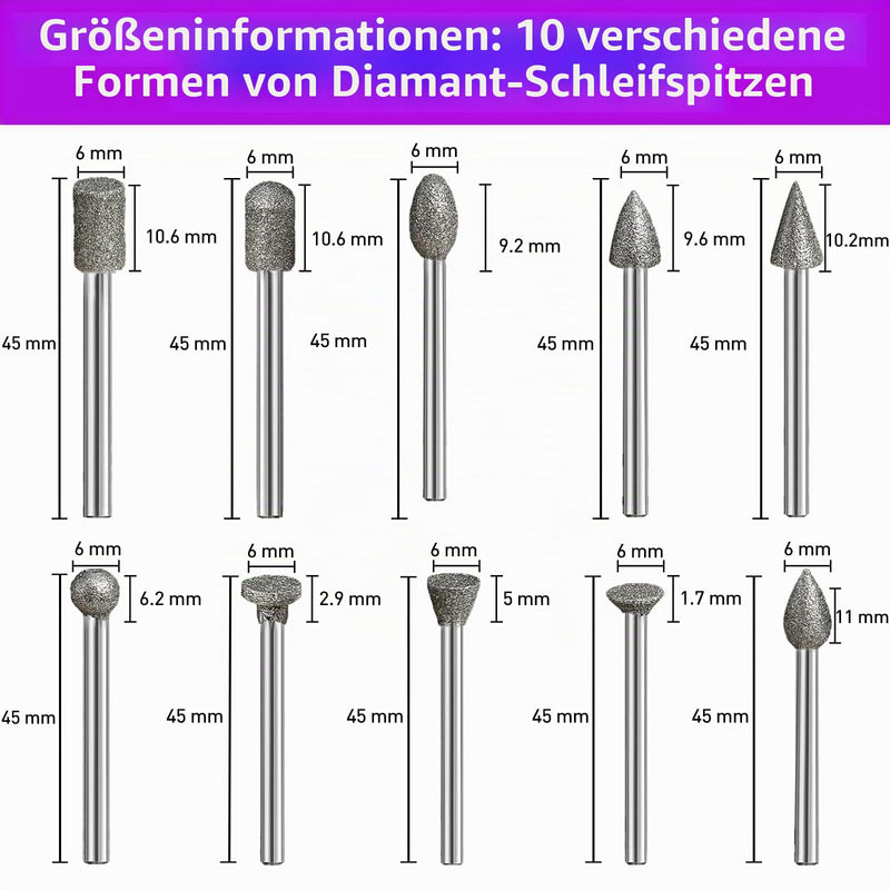 12 Piece Diamond Cutter Set Grit 120, Diamond Burr Grinding Pins Compatible with Dremel Rotary Tool with 1/8 Inch Shank Fit for Stone Glass Ceramic Carving, Grinding, Polishing, Engraving 12 Stück Körnung 120