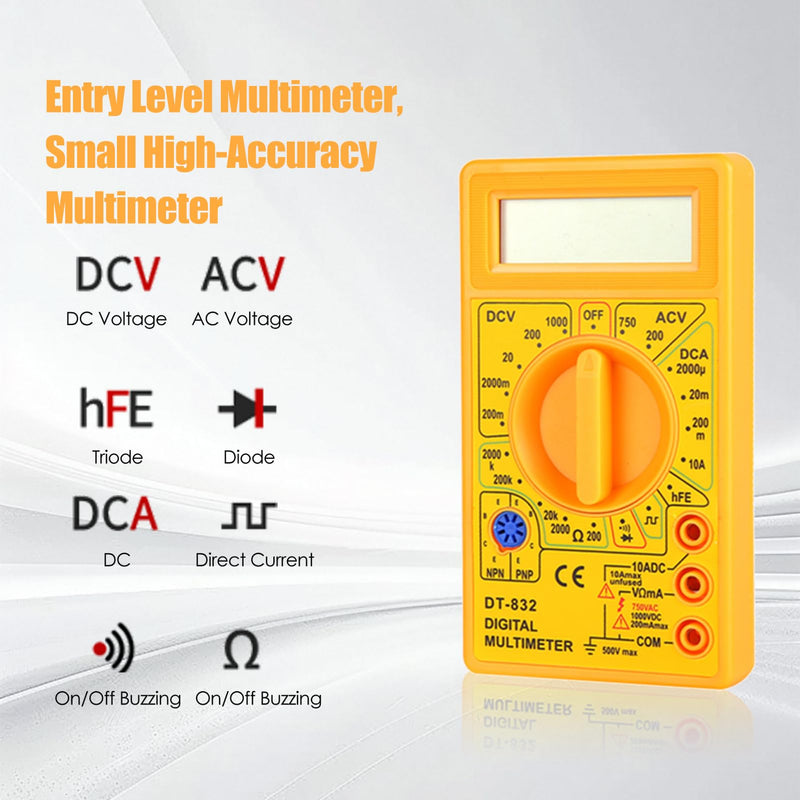 [Australia - AusPower] - DT832 Digital Multimeter Multi Tester Handheld Multimeter Mini Pocket Digital AC/DC Voltage Current Tester with Buzzer LCD Multi-Meter (Yellow) Yellow 