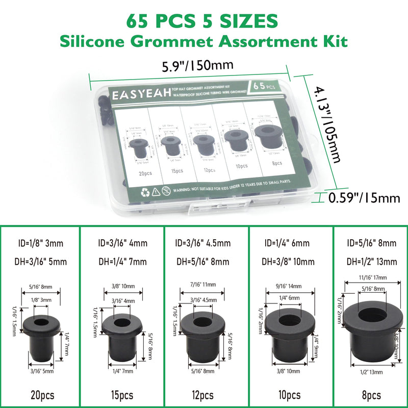 [Australia - AusPower] - EASYEAH 65 Pack Top Hat Rubber Grommets for Wiring Assortment Kit Waterproof Wire Grommets Automotive, Firewall Silicone Plug for Holes, Vinyl Tubing in Hydroponic and Irrigation Systems, 5 Sizes Black #5 sizes, 65 pcs 