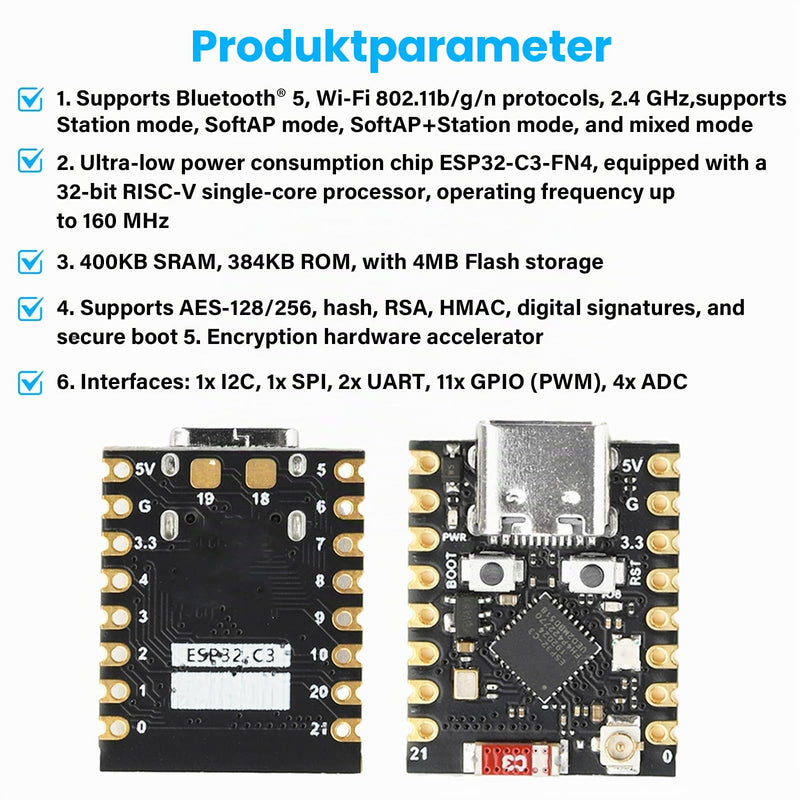 Heemol Pack of 2 for ESP32-C3 Mini Development Board with External Antenna Interface WiFi/Bluetooth 5.0 ESP32 Mini Type-C Module, ESP32-C3FN4 Chip for IoT Arduin0 Wearables & Smart Home Upgrade (ESP32 C3 Mini)