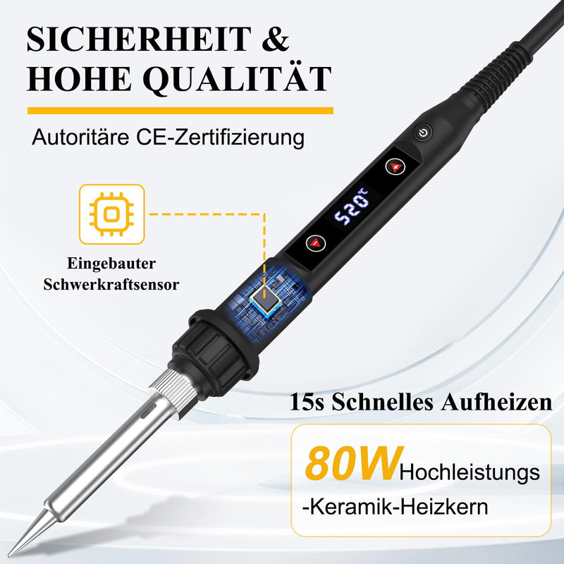 Edasion Soldering Iron Set 80W LED Temperature Adjustable 180~520°C with Switch | Soldering iron with 15-second fast heating, 50g lead-free solder wire, 5 soldering tips, desoldering pump, soldering iron stand, tweezers, soldering set black