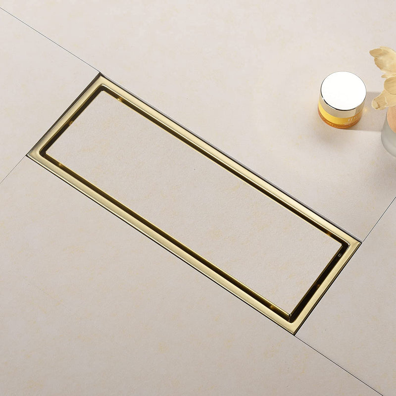 Linear Shower Drain Pipe 12 Inches Brushed Gold, with Tile Insert Grille, Detachable Hidden Cover, SUS304 Stainless Steel Rectangular Floor Drain