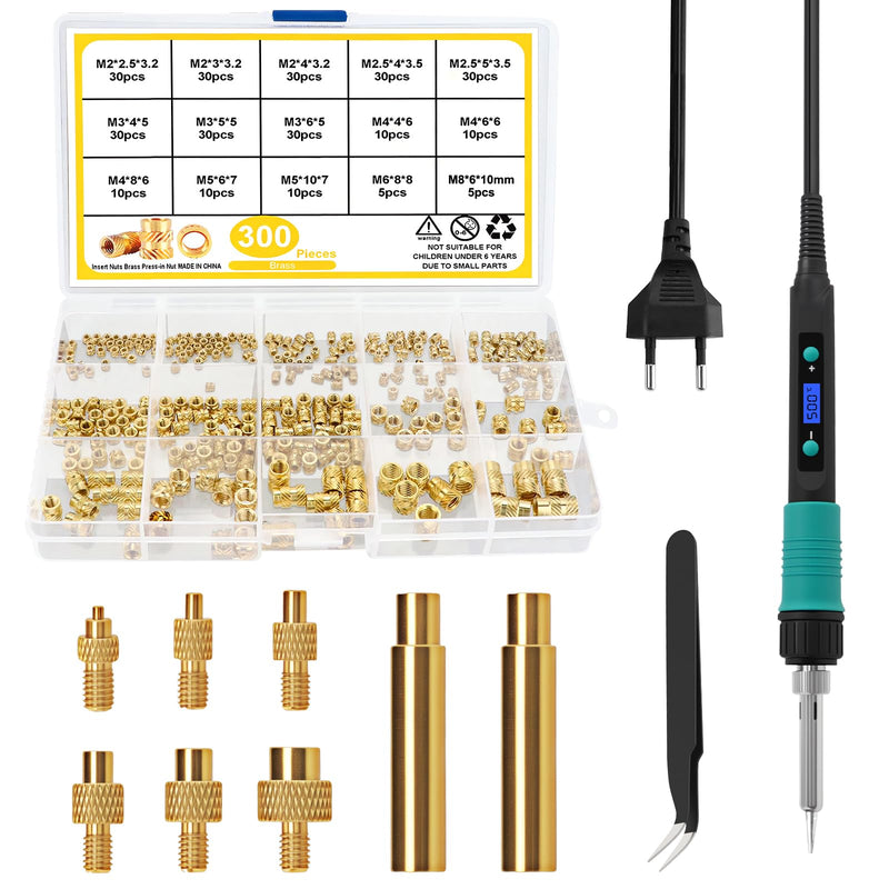 310-Piece Threaded Inserts Soldering Tips Set with 100 W LCD Soldering Iron for 3D Printing | 300 brass melting thread M2 M2.5 M3 M4 M5 M6 M8 with 6 pieces. Soldering Tips & 2 Adapters, Melting Nuts for Plastic Parts
