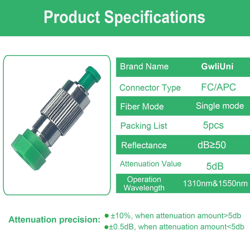 [Australia - AusPower] - 5Pcs 5dB FC-APC Fiber Optic attenuator, Fiber Signal Attenuation Converter, FC Ferrule Inserts Connector 