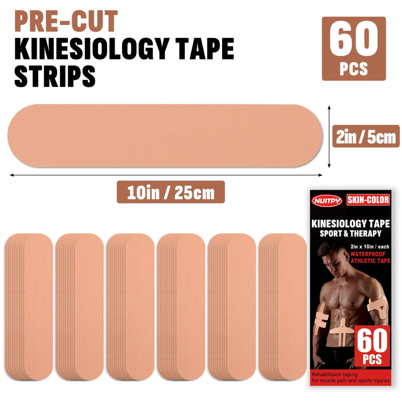60PCS Precut Kinesiology Tape Strips, 2 inch x 10 inch Athletic Tape, Kinetic Tape, Elastic Muscle Tape, Sports Tape, Knee Tape for Exercise and Daily Use - Skin Color