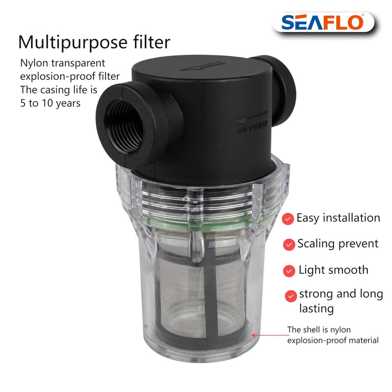 [Australia - AusPower] - SEAFLO 1/2" Female NPT in-Line Strainer with 100 Mesh Stainless Steel Filter Screen – Clear Bowl for Easy Cleaning | Model SF-ST-12 (2-Pack) 2-Pack 