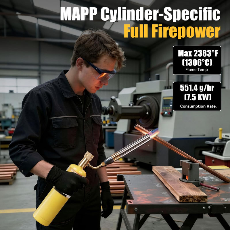 BLUEFIRE Triple Flame Barrel Turbo Torch Head High Output 25590 BTU Heavy Duty Gas Welding Nozzle Fuel by MAPP MAP Pro Propane Brazing Soldering Large Dia Pipes Flamethrower