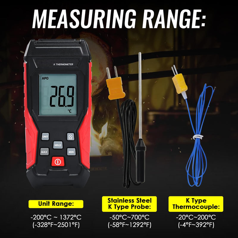 [Australia - AusPower] - Digital K Type Thermometer with Two Thermocouple Probes, -328°F~2501°F Single Channel Thermocouple Thermometer HVAC Temperature Meter with Backlit LCD Display Max/Min, Data Hold 