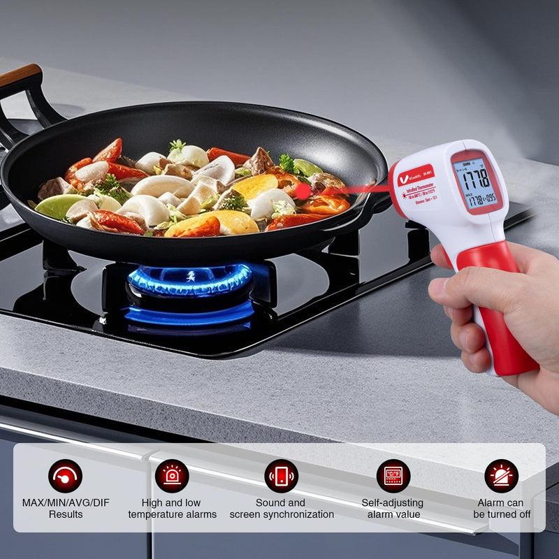 [Australia - AusPower] - Infrared Thermometer for Meat,Laser Temperature Gun,-58~1112°F,DS 12:1 Digital IR Temp Gun with Adjustable Emissivity&High/Low Alarm,LCD Display Thermal Gun for Food Oven Cooking HVAC Red 