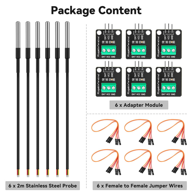 [Australia - AusPower] - 6 Pack DS18B20 Temperature Sensor High-Accuracy Stainless Steel Temperature Probe with Adapter Board and Jumper Wires for Arduino ESP32 Raspberry Pi 