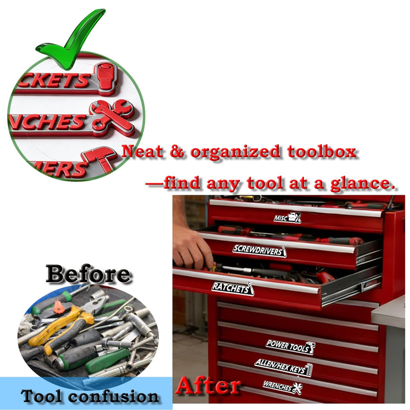 Magnetic Tool Box Labels, 12 PCS 3D Raised Toolbox Drawer Labels with Strong Magnets, Reusable Tool Chest Organizer Labels for Garage Cabinets (Gray Background with red Text) Gray Background With Red Text