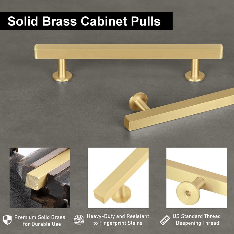 QOGRISUN 2-Pack Solid Brass Cabinet Pulls 8-3/4 Inch Hole Center, Heavy Duty Brushed Brass Cabinet Hardware, Modern Square Drawer Handles for Kitchen Dresser, Anti-Tarnish, 11 Inch Overall Length 8-3/4-Inch Hole Centers