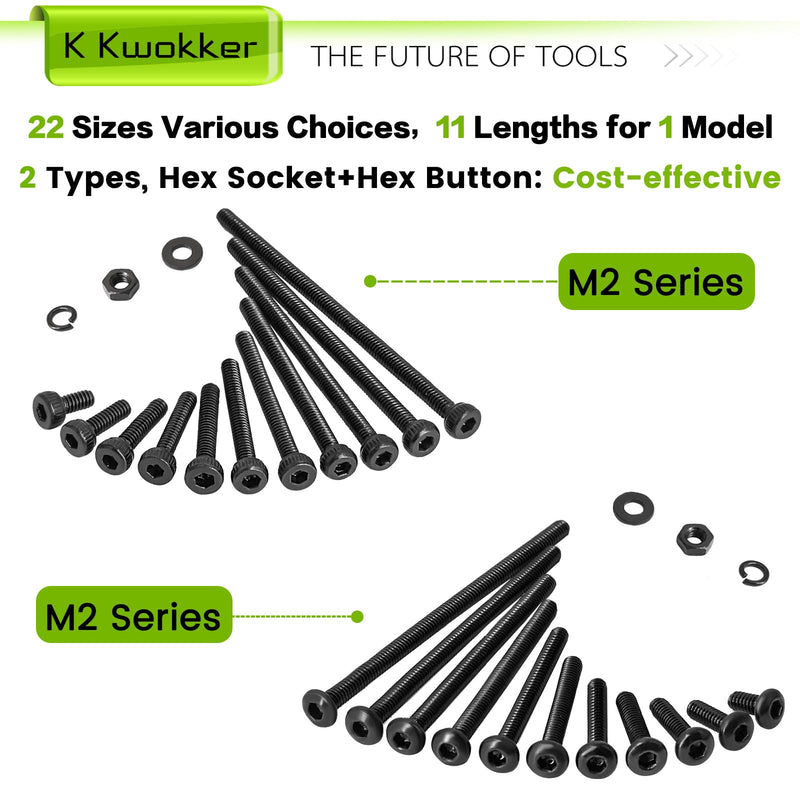 [Australia - AusPower] - 2060 x M2 Screw Kit 4MM to 40MM, M2 Socket Head Screws & Button Head Screws, Upgraded Zinc Plated Screws Assortment Kit w/Nuts and Bolts, Washer and Lock Washers, Black Machine Screw A. M2 Hex Socket & Button Screw Set 