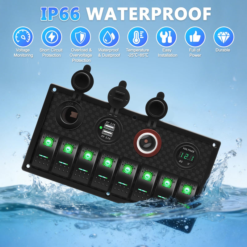 Geloo 8 Gang Marine Rocker Switch Panel, Boat Switch Panel Waterproof, 12V Switch Panel Toggle Switches Panel with LED Circuit Breaker 3.1A USB Charger Voltmeter ON/Off for Car Rvs Vehicles (Green Green