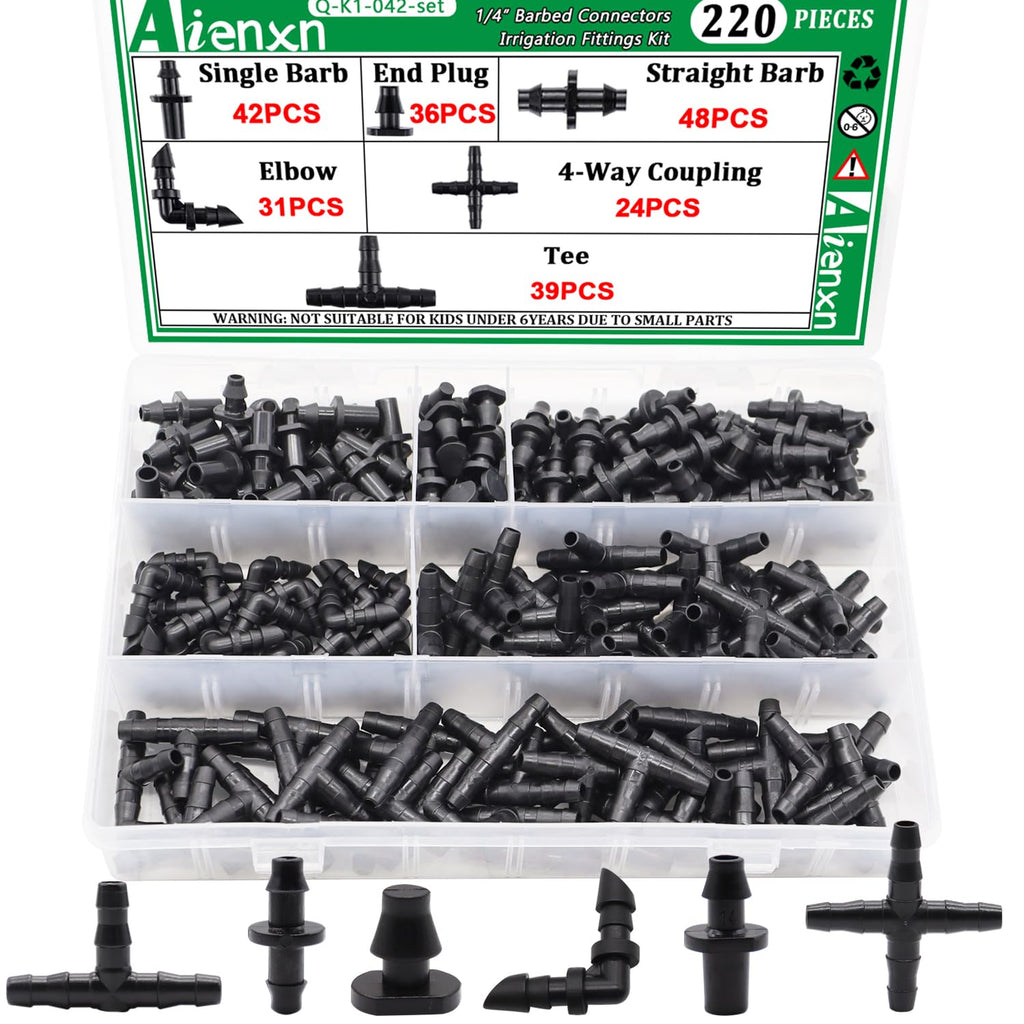 220PCS 1/4" Drip Irrigation Kit Barbed Connectors, Straight Barb, Tee, Single Barb, End Plug, Elbow, 4 Way Coupling Irrigation Fittings for Garden Lawn Flower Pot 220pcs