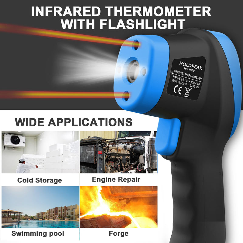 [Australia - AusPower] - HOLDPEAK Pyrometer D:S=50:1, High Temp Infrared Thermometer -58℉~3272℉(-50℃~1800℃), Non-Contact Industrial Laser Thermometer Gun with Flashlight, Digital IR Temperature Gauge HP-1800 (NOT for Human) 1PC-HP-1800-BLUE(-50~1800℃ Higher) 