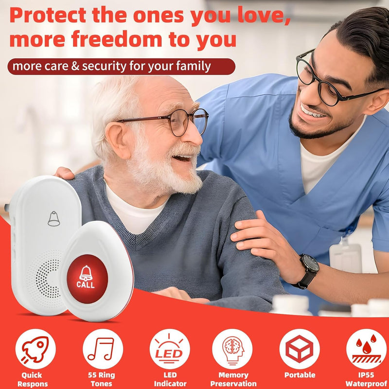Wireless Caregiver Pager SOS Call Button for Elderly Monitoring 1000+ Feet Life Alert，Emergency Alert System Call Bell for Nurse Patient Disabled 2 Waterproof Transmitter & 2 Plugin Receiver 2T2