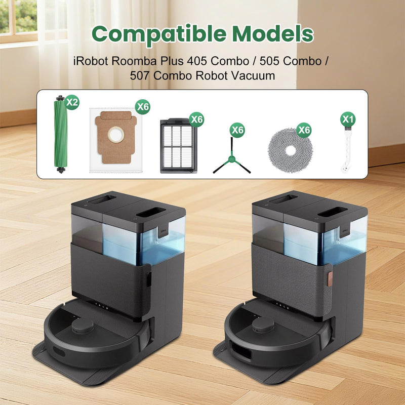 27 Pack Replacement Accessories for iRobot Roomba Plus 405 Combo/505 Combo/507 Combo Robot Vacuum Cleaner, 2 Main Brushes 6 Side Brushes 6 HEPA Filters 6 Mop Pads 6 Dust Bags 1 Cleaning Brush