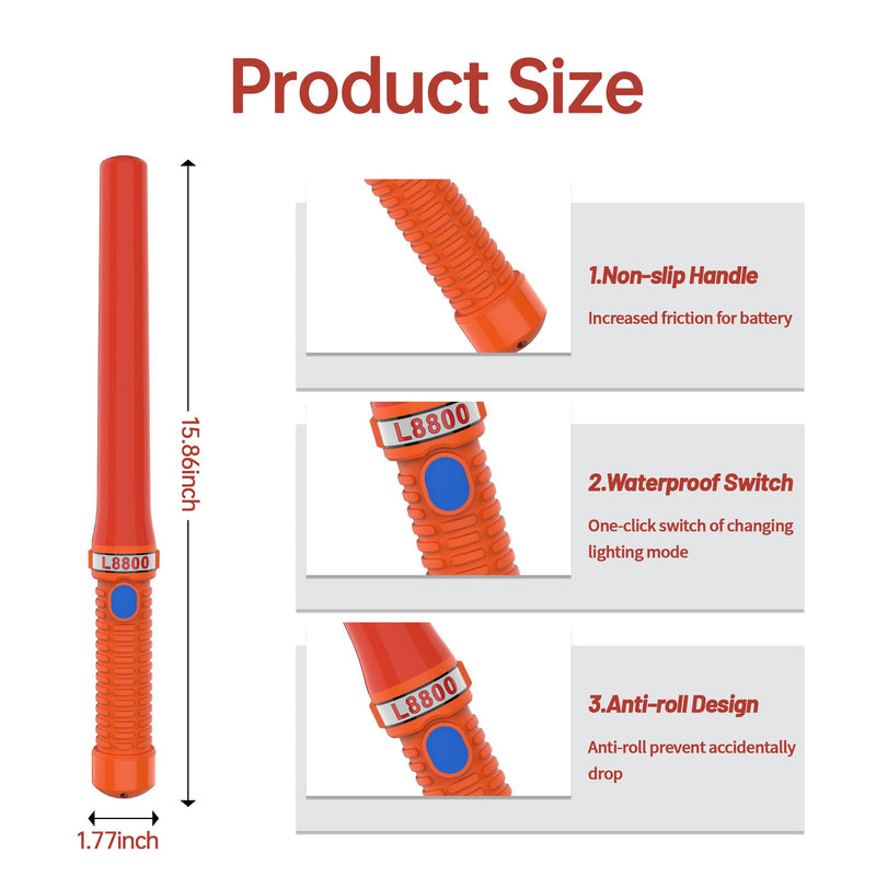 [Australia - AusPower] - 16 inch LED Traffic Control Batons, Signal Traffic Wand with 2pc C Dry-Cell Batteries(Not Include), Safety Air Marshaling Wand for Parking, Airport and Road Traffic Contol, Orange 2PCS 