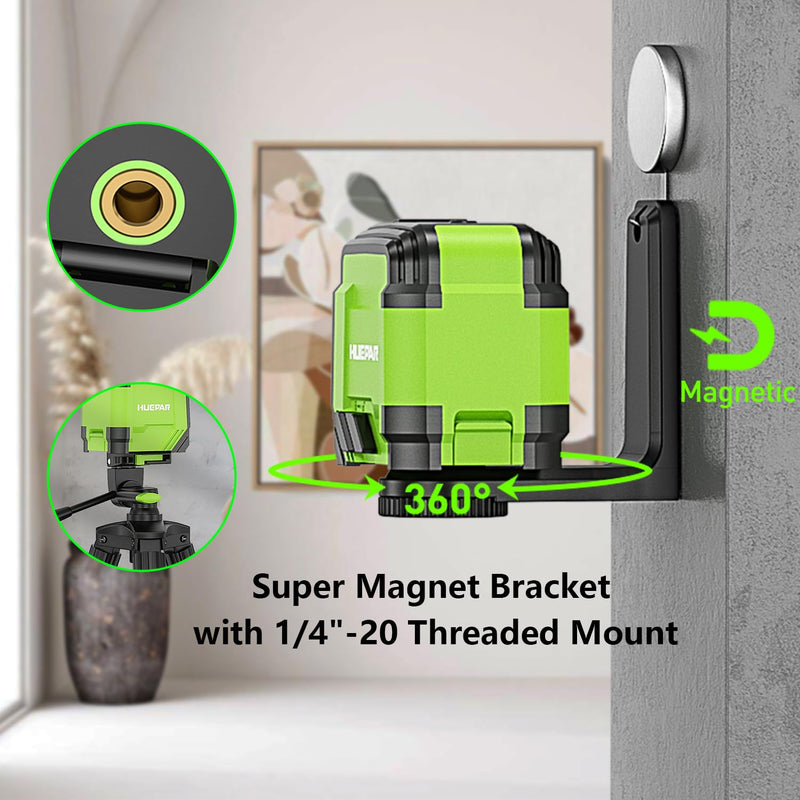 Laser Level, Huepar Self Leveling Laser Level Green Cross Line Laser Level Tool for Picture Hanging, Construction and Decoration Indoor Projects, Magnetic Base, Battery, Carrying Bag Included GK011DG