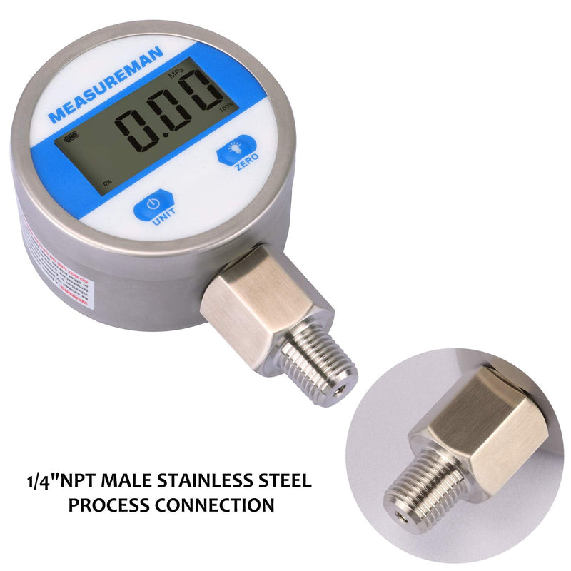 [Australia - AusPower] - MEASUREMAN 2-1/2" dial, Digital Industrial Pressure Gauge with 1/4" NPT Lower Mount, Stainless Steel case and Connection, 0-1000psi/bar, 1%,Battery Powered, with LED Light 2-1/2" Dial, 0-1000psi 1% 