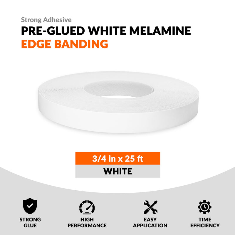 White Edge Banding 3/4 inch x 25 ft Melamine Iron On Adhesive Edging Cabinet Repair Laminate Shelf Board Countertop Furniture Strip Wood Veneer Tape Trim Peel Stick Cabinet Molding Vinyl PVC Iron 3/4 in x 25 ft White 1