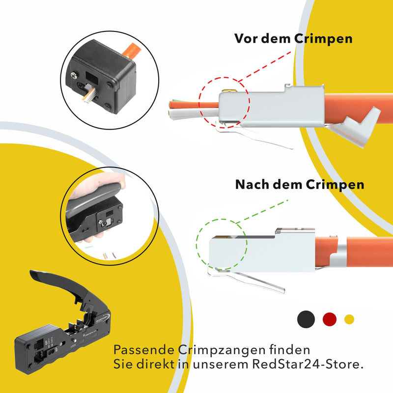 RJ45 Connector Cat7 Set of 10 | Network Plug, Pass Through & Shielded | Includes strain relief, orange bend protection boot & insertion aid | Ideal for CAT 7, Cat6A installation cables AWG23 | 8-pin RJ45 plug, 10 pieces