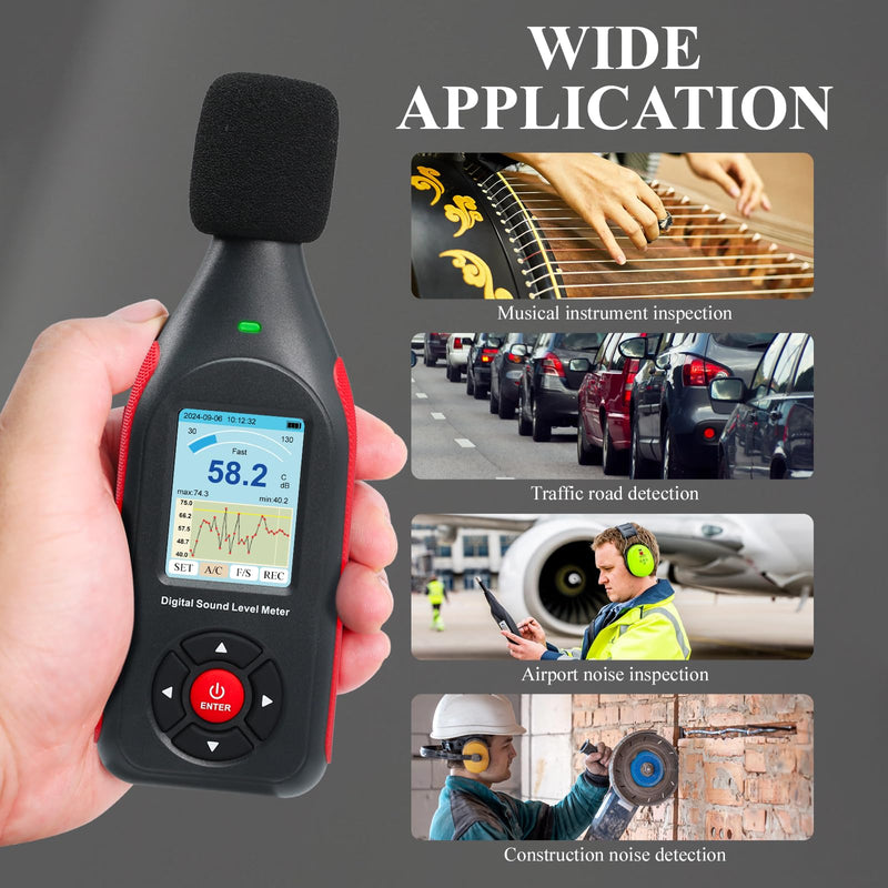 [Australia - AusPower] - Decibel Meter, Data Logger, Digital Sound Decibel Meter, Sound Level Meter with 43,000 Records and Export, Rechargeable Noise Meter with A/C Frequency and DC Output with Alarm 